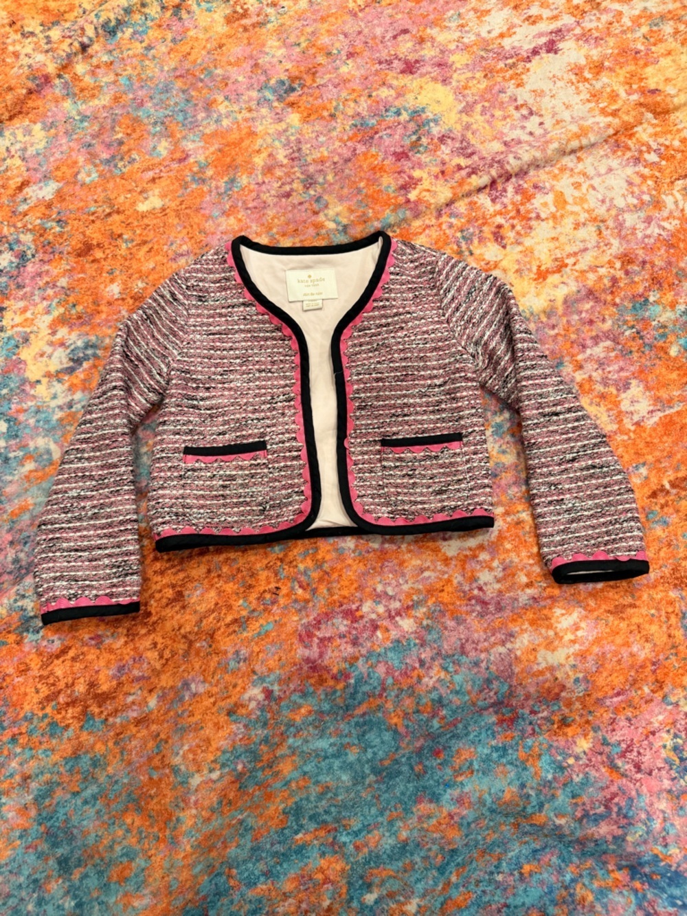 Kate Spade Girls Tweed Jacket Size 5 Pink Black Scalloped Trim Cardigan